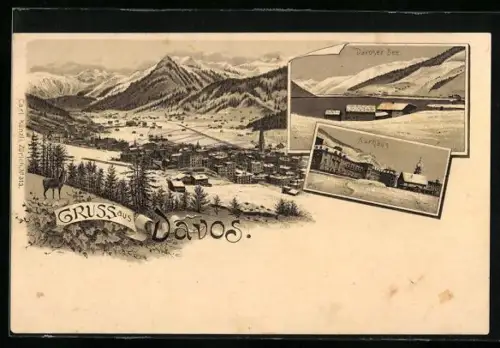 Lithographie Davos, Kurhaus, Davoser See