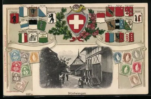 Präge-AK Hüntwangen, Strassenpartie im Passepartout mit Wappen und Briefmarken
