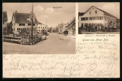 AK Maur /Zch., Restaurant und Bäckerei z. Neuhof, Strassenpartie