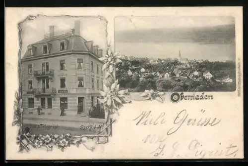 AK Oberrieden, Restaurant Bahnhof und Ortsansicht im Edelweiss-Passepartout