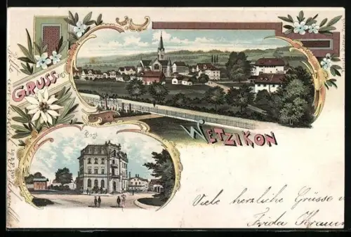 Lithographie Wetzikon /ZH, Post und Ortspartie, Edelweiss