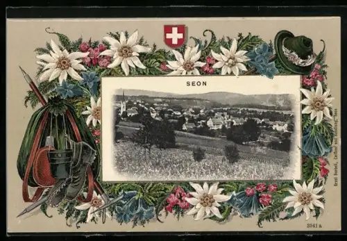 Präge-AK Seon, Ortsansicht im Passepartout mit Edelweiss und Bergsteiger-Ausrüstung