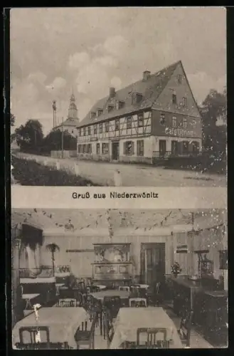 AK Niederzwönitz, Cafe Döring, Innen- und Aussenansicht