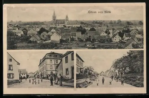 AK Sien, Kinder auf der Strasse, Ortspanorama