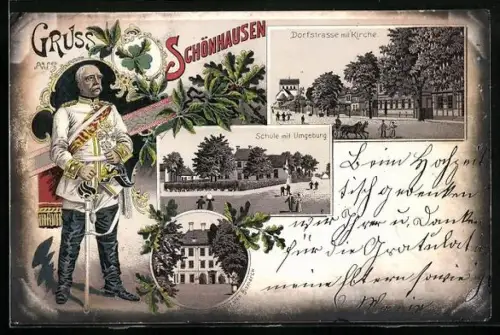 Lithographie Schönhausen / Elbe, Geburtshaus des Fürsten Bismarck, Dorfstrasse mit Kirche, Schule