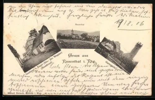 AK Rauenthal i. Rhg., Gasthaus z. Engel, Bes. Jac. Wagner, Kirche im Ort, Gartenseite