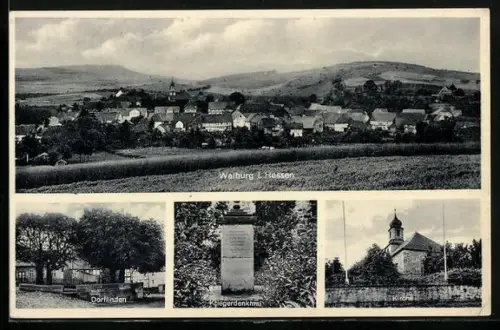 AK Walburg i. Hessen, Dorflinden, Kriegerdenkmal, Kirche