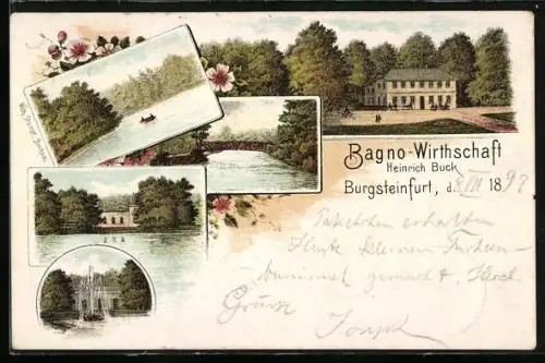 Lithographie Burgsteinfurt, Restaurant Bagno-Wirtschaft Heinrick Buck, Wilhelm Strumpf, Springbrunnen