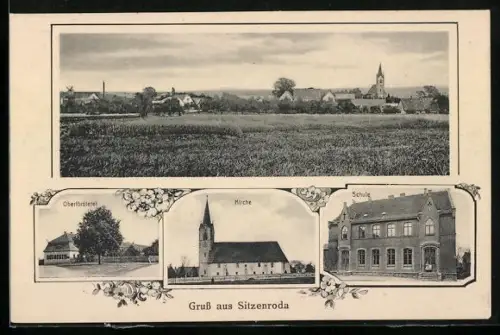AK Sitzenroda, Oberförsterei, Schule, Kirche, Totalansicht