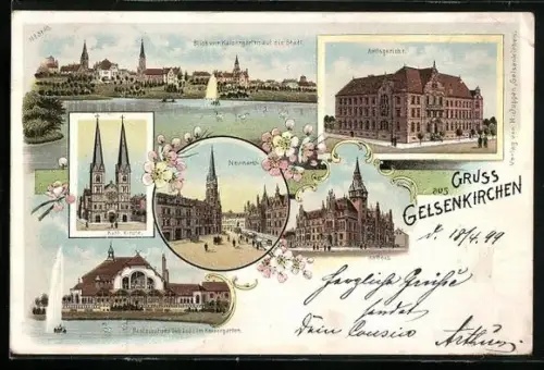 Lithographie Gelsenkirchen, Ortsansicht vom Kaisergarten aus, Neumarkt, Restaurations-Gebäude im Kaisergarten