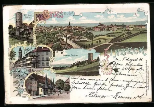 Lithographie Einbeck, Hotel z. Löwen, Storchenturm, Greener Brücke, Rathaus