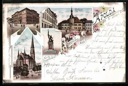 Lithographie Apolda, Rathaus, Sophienschule, Luther Kirche