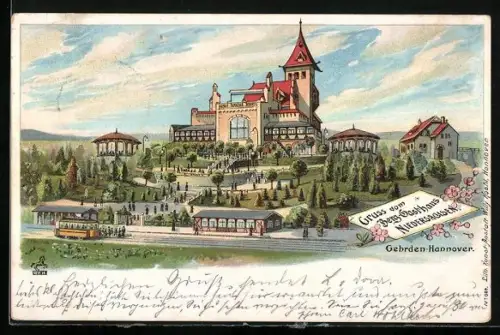 Lithographie Gehrden bei Hannover, Berg-Gasthaus Niedersachsen, Bahnhof