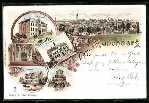 Lithographie Münchberg, Schulhaus II., Kath. Bethaus, Schüssel