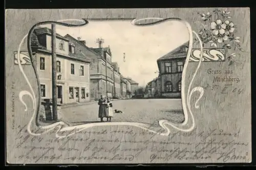 AK Münchberg, Strassenpartie mit Einwohnerinnen