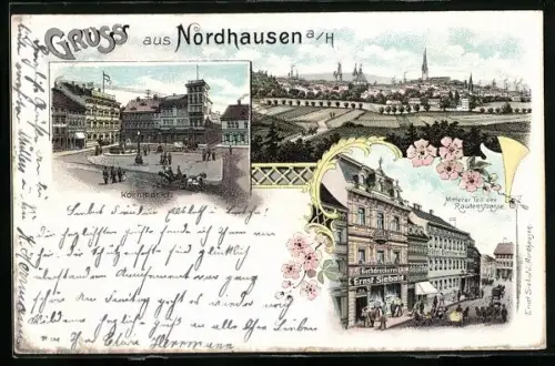 Lithographie Nordhausen a. H., Kornmarkt, Mittlerer Teil der Rautengasse