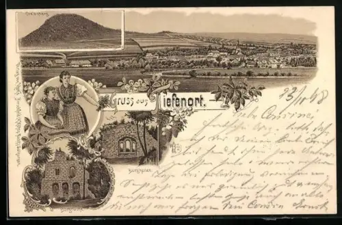 Lithographie Tiefenort, Burgruine, Burgkeller, Gesamtansicht mit Creienberg