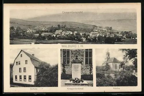 AK Walburg i. H., Schule, Kriegerdenkmal, Kirche