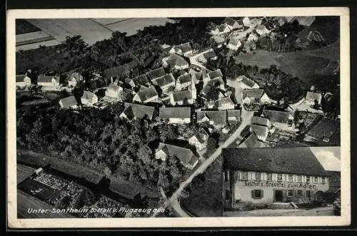 AK Unter-Sontheim b. Hall, Gasthof u. Brauerei zum Adler von K. Eisenmanger, Ortsansicht vom Flugzeug aus
