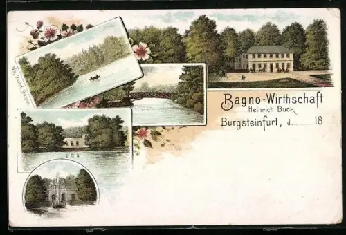 Lithographie Burgsteinfurt, Restaurant Bagno-Wirtschaft Heinrick Buck, Wilhelm Strumpf, Springbrunnen