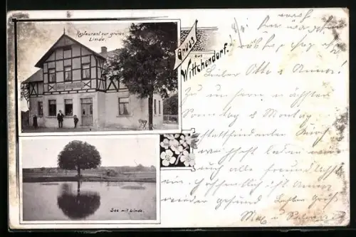 Lithographie Wittchendorf, Restaurant zur grünen Linde, See mit Linde
