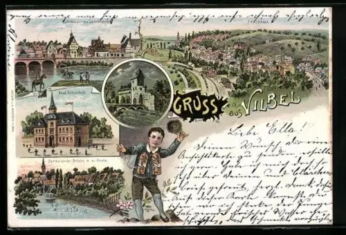 Lithographie Vilbel, Partie von der Bürcke, Rathaus mit Sauerbrunnen, Neue Volksschule