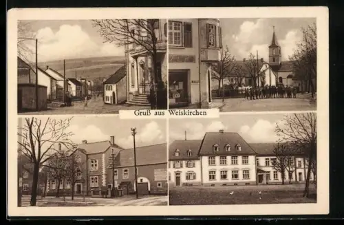 AK Weiskirchen / Wadern, Hotel Hofhaus, Strassenpartie mit Kirche, abschüssige Strasse