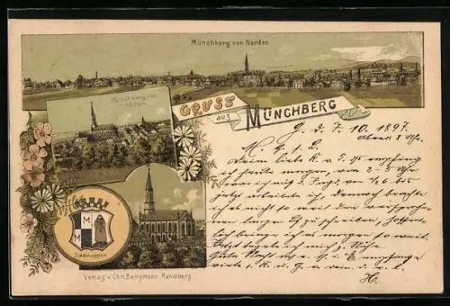 Lithographie Münchberg, Ortsansicht von Norden, Ortsansicht von Süden, Kirche, Wappen