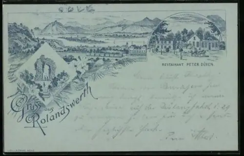 Lithographie Rolandswerth, Restaurant Peter Düren, Ortsansicht, Ruine