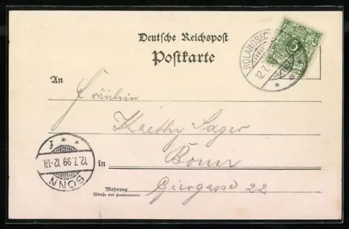 Lithographie Rolandswerth, Restaurant Peter Düren, Ortsansicht, Ruine