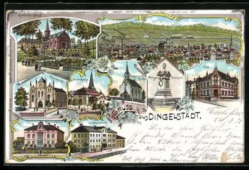 Lithographie Dingelstädt, Krankenhaus, Post, Kriegerdenkmal, Totalansicht