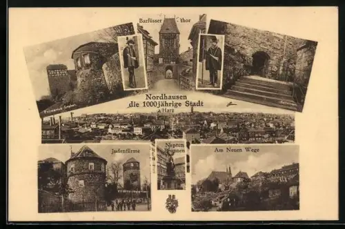 AK Nordhausen a. Harz, Primarius-Graben, Judentürme, Am Neuen Wege, Barfüsser-Thor, Wappen