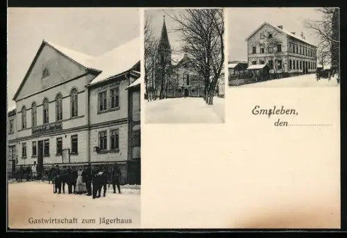 AK Emleben, Gasthof zum Jägerhaus mit Soldaten u. Wirtin, Gebäudeansicht, Kirche, Winter