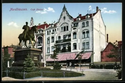 AK Nordhausen am Harz, Cafe Dietze O. Becker mit Reiterdenkmal u. Strasse