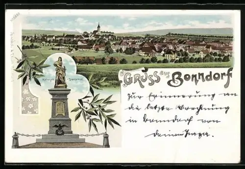Lithographie Bonndorf / Schwarzwald, Teilansicht, Krieger-Denkmal