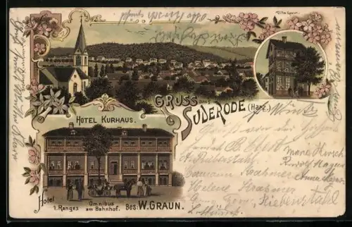 Lithographie Suderode / Harz, Ortsansicht von oben, Villa Graun, Hotel Kurhaus