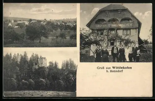 AK Wittlekofen /Bonndorf, Gasthaus zum Hirschen H. Duttlinger mit Wirtsfamilie, Ruine, Ortsansicht