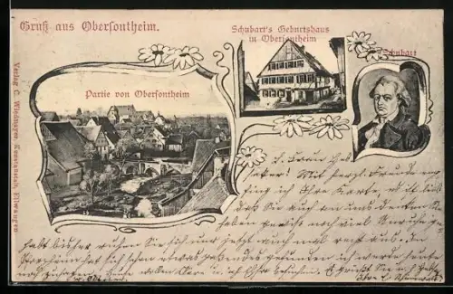 AK Obersontheim, Schubart-Geburtshaus und -Portrait, Teilansicht mit Brücke, Ornament-Rahmen