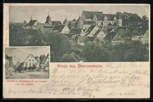 AK Obersontheim, Gasthof-Brauerei zur Sonne F. Rieger, Totalansicht aus der Vogelschau