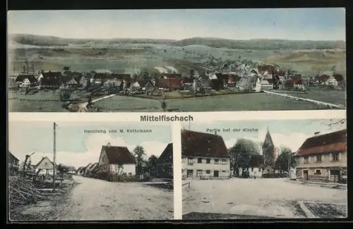 AK Mittelfischach, Handlung M. Kettemann, Kirchenpartie, Gesamtansicht