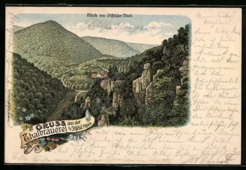 Lithographie Ilfeld, Thalbrauerei, Blick ins Ilfelder Thal