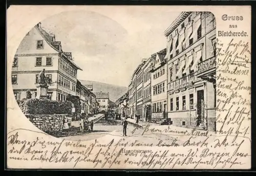 AK Bleicherode, Hauptstrasse mit Denkmal