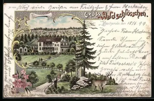 Lithographie Bleicherode, Gaststätte Waldschlösschen mit Strasse, Hirsch