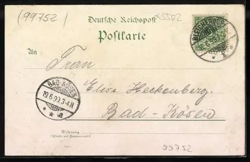 Lithographie Bleicherode, Gaststätte Waldschlösschen mit Strasse, Hirsch