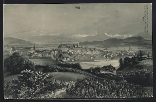 Künstler-AK Wil /SG, Teilansicht mit Bergen
