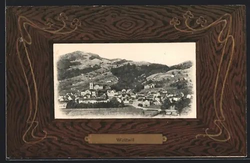 Präge-AK Wattwil, Teilansicht mit Strassenpartie, Passepartout