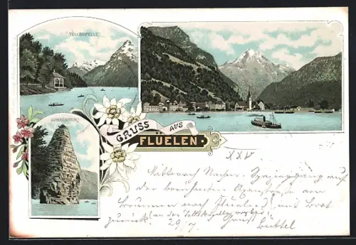 Lithographie Flüelen, Schillerstein, Tellskapelle, Panorama mit Kirche