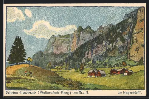 Künstler-AK Schrina-Hochruck /Wallenstadt-Berg, Dorfpartie