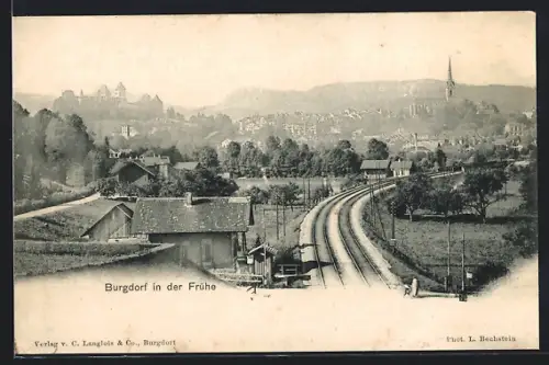 AK Burgdorf, Teilansicht mit Bahngleis in der Frühe