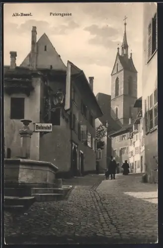 AK Basel, Petersgasse in der Altstadt mit Badeanstalt